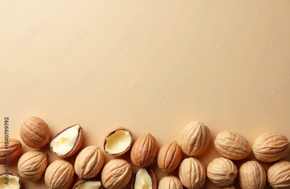 custom made wallpaper toronto digitalScattered whole and cracked macadamia nuts on a light beige surface. Creamy white kernels visible inside broken shells. Natural product for healthy eating and gourmet cooking.