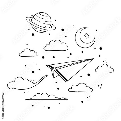 Hand Drawn Paper Airplane Flying in Space with Planet Moon and Clouds