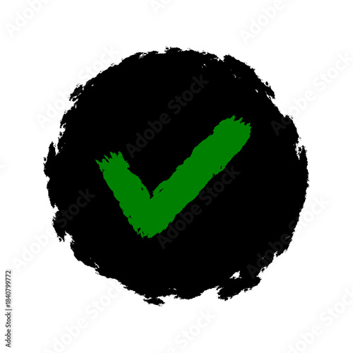 Grunge Green Check Mark on Black Distressed Circle Vector Icon