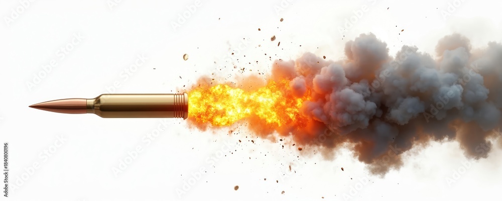 Obraz premium Golden bullet flies fast through air emitting bright orange flames and dark smoke. Sparks and fragments fly around projectile in motion. Intense explosive blast originates from casing.