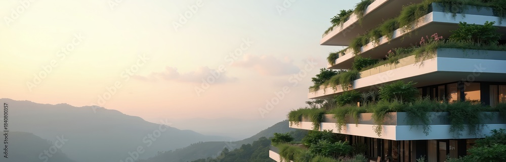 Fototapeta premium Modern apartment building blends nature and architecture with layered green terraces overlooking misty mountains at sunset. Sustainable design integrates eco living.