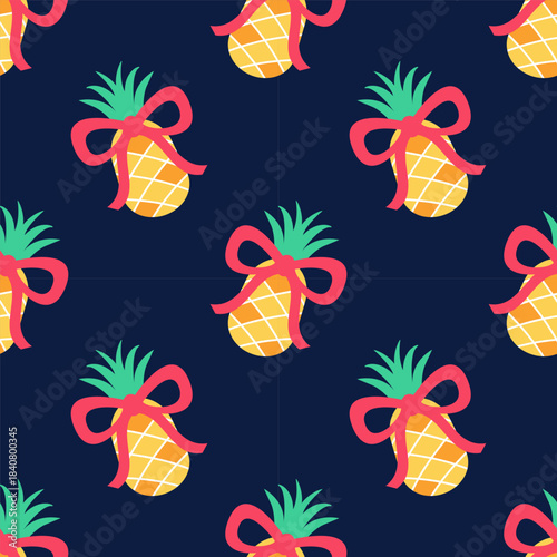 Seamless summer tropical pineapple pattern whith bows on blue background. Vector background for fabric, print, parer, wallpaper, cover 