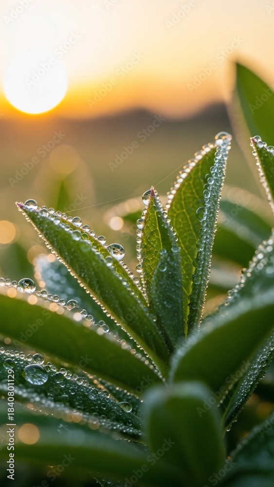 Fototapeta premium Morning Dew Kiss: The image showcases vibrant green leaves, each adorned with glistening water droplets, illuminated by the soft glow of the rising sun.