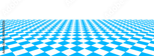 Blue checkerboard floor fading in perspective. Pool checkered tile pattern background. Retro horizontal chess board grid plane surface. Vintage empty bath room checker stage. Vector kitchen floor