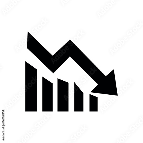 Black bar graph showing downward trend and arrow