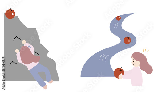 努力して成果を手にしようとする女性と、楽に結果を得る女性のイラスト