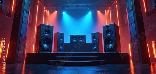 Stage setup with PA speakers and dynamic lighting. Powerful audio equipment displayed for concert or club event. Blue and orange spotlights illuminate speakers for a dramatic effect, ready for music.