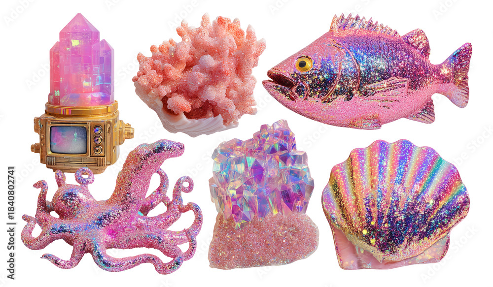 Fototapeta premium Hypersparkly Marine Objects Illustration with Glittery Sea Creatures and Coral
