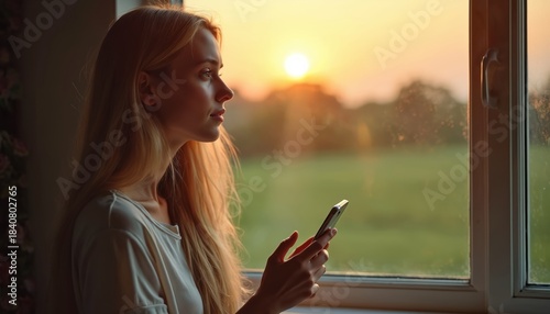 Young woman gazes out window holding smartphone during sunset. Soft light illuminates her face as she contemplates view. Girl uses phone near window pane with green field outside.