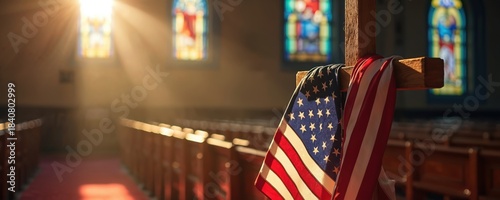 American flag draped on wooden cross inside church. Sunlight streams through stained glass windows. Patriotism, faith, national pride during religious service. Represents unity of country, belief.