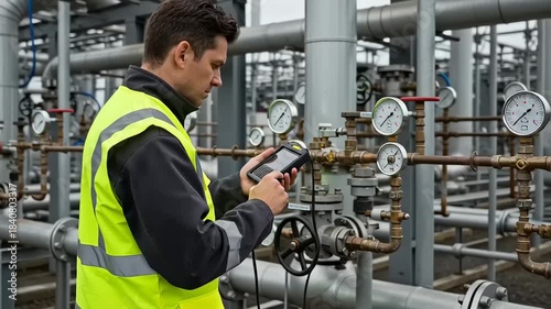 Industrial worker in hi-vis vest using handheld device amidst pipes and gauges at facility