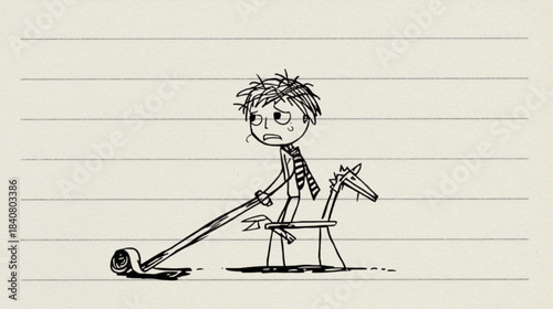 sketch of a child playing with a wooden sword while riding a wooden horse