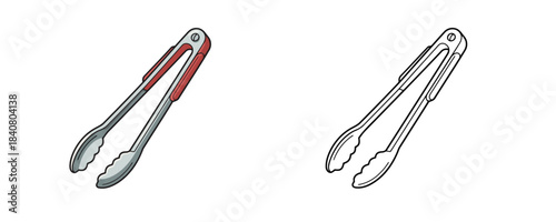 Cartoon illustration of kitchen barbecue tongs with stainless steel body and red rubber grips for cooking, grilling and serving food