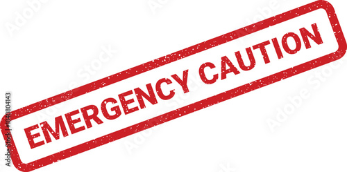 Textured red rubber stamp mark displaying EMERGENCY CAUTION text, signaling urgent warnings and alerts