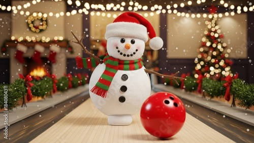 Cute snowman in Santa hat bowling with red ball