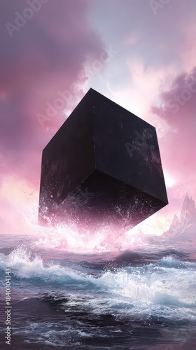 Abstract Black Cube Floating Above Pixelated Ocean Waves At Dusk With Pink Clouds