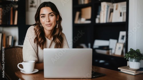 GenZ woman working from home and smiling in cozy home office