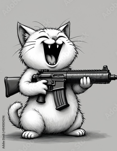 Funny cartoon white cat holds automatic rifle. Feline character with big smile and open mouth ready for action. Amusing pet aiming gun, playful pet poses.