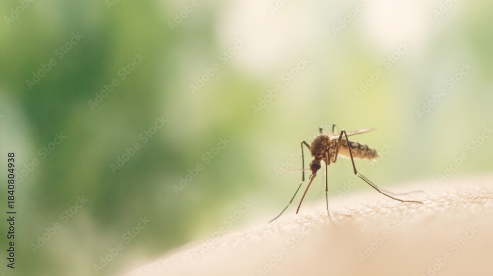 Fototapeta premium Mosquito on Skin: A macro shot captures a mosquito, poised on human skin, emphasizing its delicate legs and the detail of its anatomy, set against a softly blurred background.
