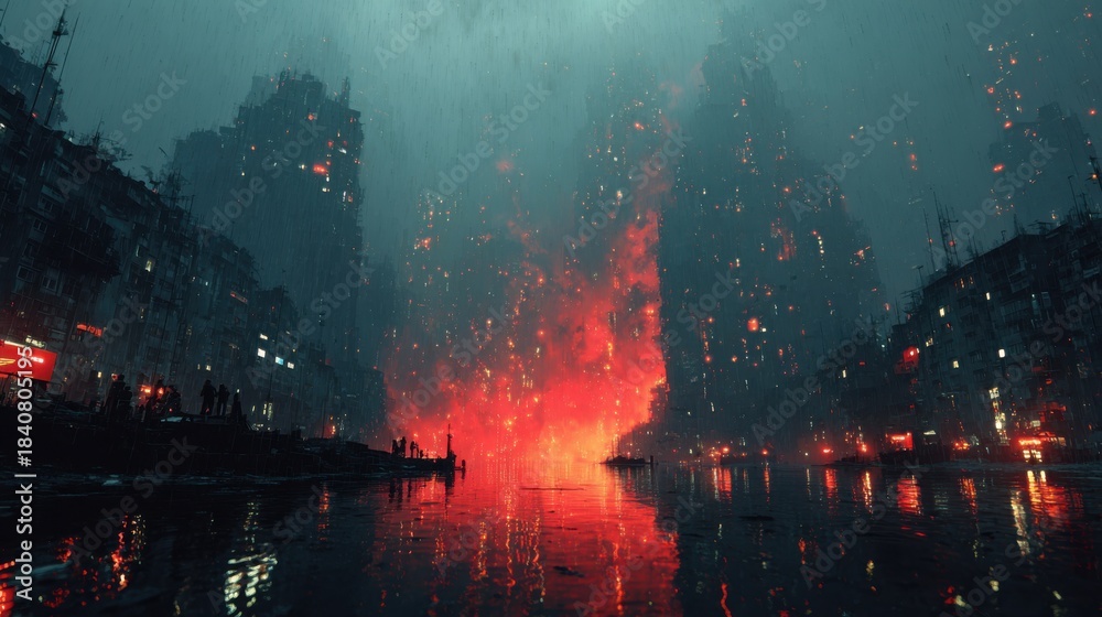 Fototapeta premium Apocalyptic City: A city ravaged by a cataclysmic event, with fire and destruction consuming the urban landscape. It depicts a scene of devastation and the raw power of nature.