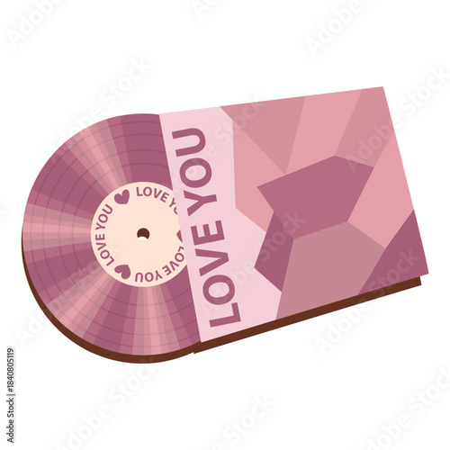 A retro pink record in envelope with a declaration of love. A vintage element, a romantic icon of 70s style, a vinyl record. A nostalgic sticker for cards and Valentine's Day greetings.