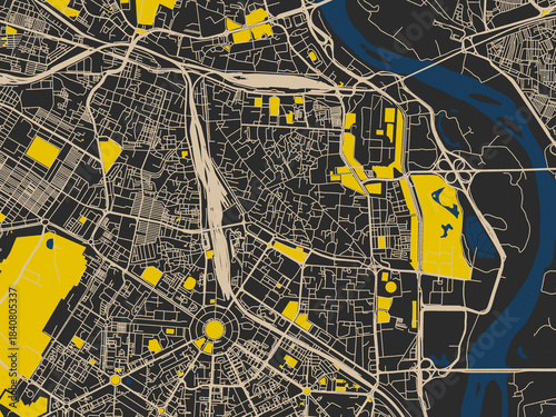 Billede på lærred Modern graphic street map of New Delhi city Center, India, with deep charcoal ba