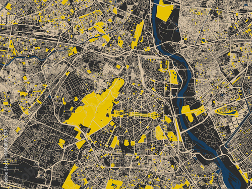 Flat city map of New Delhi, India — deep charcoal background with clean cream streets and sharp safety-yellow highlights, accented by ink-blue water