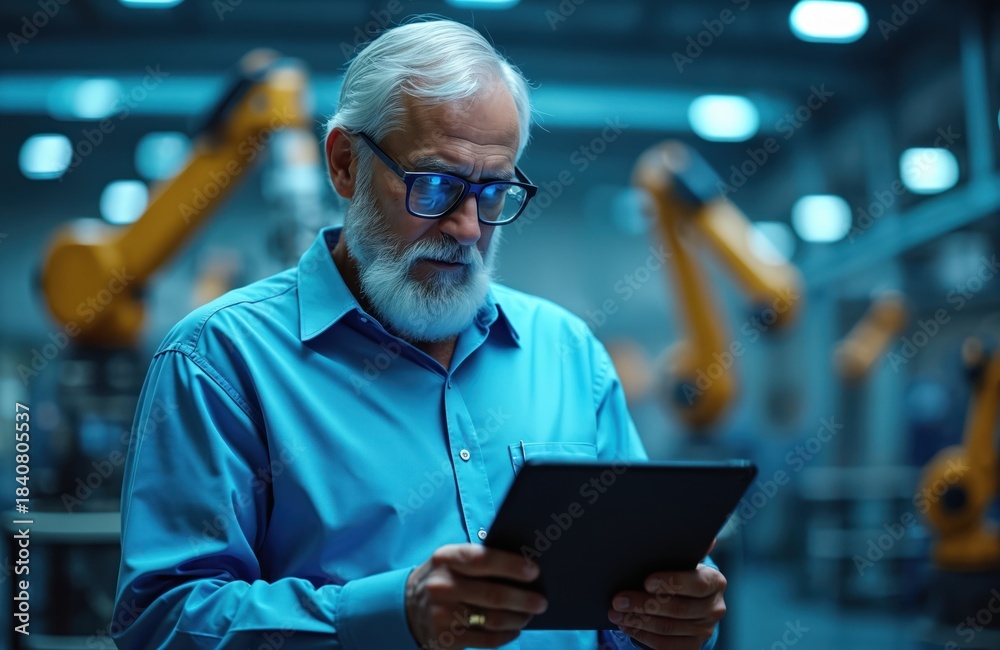 Fototapeta premium Senior engineer uses tablet in modern robotics lab with automated arms. Man oversees advanced machinery production, focusing on tech innovation and industrial progress. Future manufacturing.