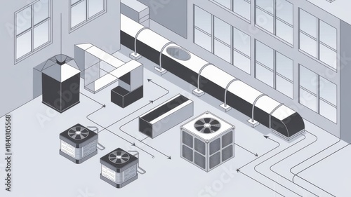 Isometric HVAC ventilation system diagram showing ducts, air filters, fans and airflow arrows