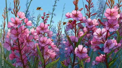 Blossoms Embrace: A vibrant display of pink blossoms sway gently amidst a field of delicate wildflowers, as busy bees flit playfully through the scene, under the clear sky.