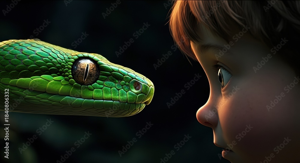 Fototapeta premium Child faces a vivid green snake in a tense close encounter under soft light