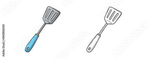 Cartoon illustration of a slotted metal spatula with a blue plastic handle for flipping and serving food, ideal for cooking and kitchen themes