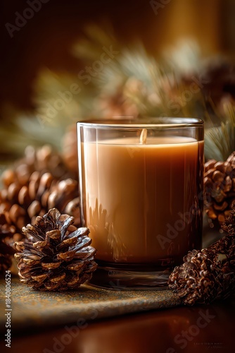 Close up of a lit coffee scented candle surrounded by pine cones and pine needles on a dark surface with soft bokeh background