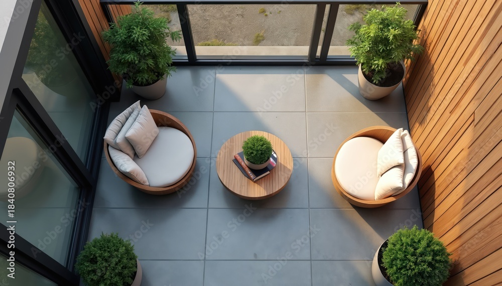 Fototapeta premium Modern balcony with two rounded chairs, small table, and potted plants. Sunlight casts shadows on grey floor tiles and wooden walls. Peaceful outdoor seating.