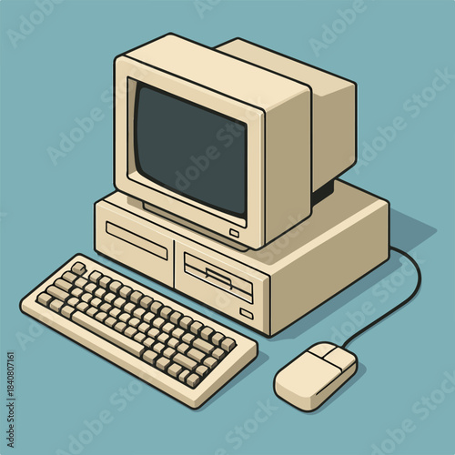 Isometric illustration of a beige vintage personal computer setup with a CRT monitor keyboard and mouse