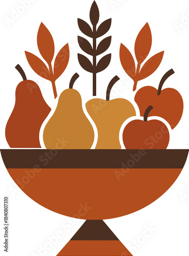 Stylized autumn harvest fruit bowl centerpiece design featuring pears apples and wheat stalks in warm tones