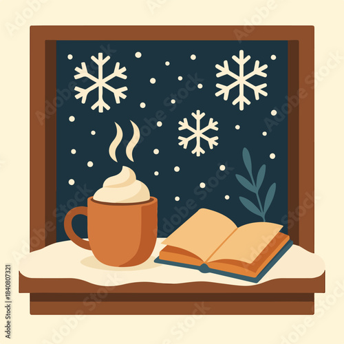 Cozy winter scene featuring a steaming hot chocolate and open book resting on a snowy windowsill outside