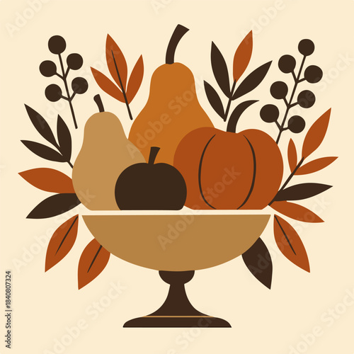 Autumn harvest centerpiece featuring pears pumpkin and berries in a stylized mid century modern fruit bowl design