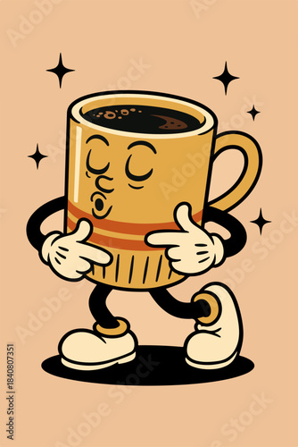 Whimsical cartoon coffee mug character dancing happily with vintage animation style and sparkling stars
