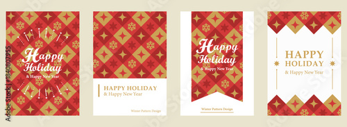 ハッピーホリデー 冬柄カードセット／クリスマス・新年・雪の結晶パターン（4デザイン）| ベクター素材 