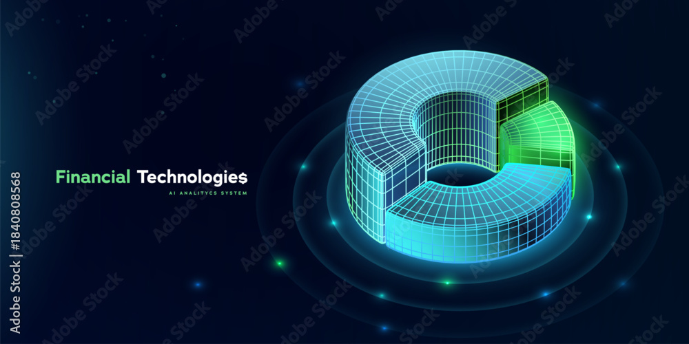 Naklejka premium Business Data Analytics. Financial Growth. Fintech Analytics Dashboard With Futuristic Orthographic Circular Pie Chart In Neon Blue And Green For Finance, Investment, AI Insights. Vector Illustration.