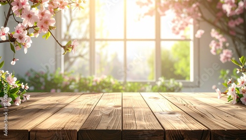 Empty rustic wooden table with blooming pink cherry blossoms and a bright sunny window in the background, perfect for spring product display.