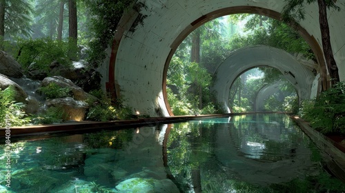 A serene waterway winds through arched structures, amidst lush foliage