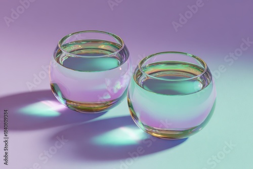 Two Spherical Water Glasses on a Pastel Surface with Dramatic Shadows and Soft Lighting