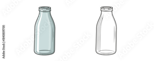 Cartoon illustration of a clear, empty glass milk bottle with a wide neck in light blue and gray colors for drinks, beverage, and packaging concepts