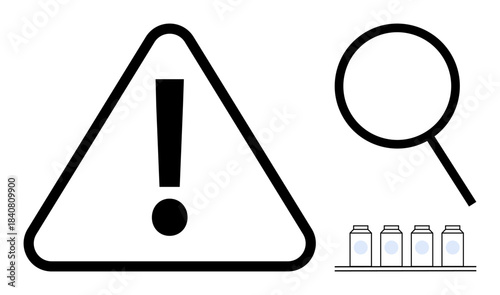 Exclamation mark triangle, magnifying glass, and aligned containers emphasize safety, analysis, production quality, alertness, inspection process, problem detection risk management. Simple flat