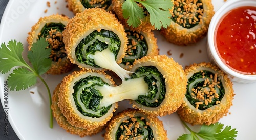 Crispy, golden-brown rolls filled with spinach and melted cheese, garnished with toasted sesame seeds, are beautifully arranged on a white plate.