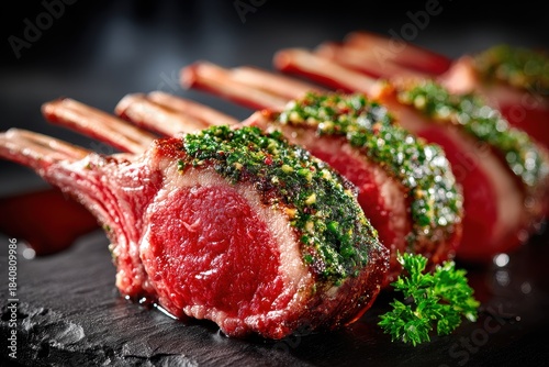 A photorealistic rack of lamb chops glistening beautifully
