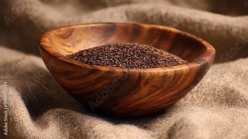 Natural Wooden Bowl Filled With Tiny Dark Seeds on Textured Neutral Fabric Background