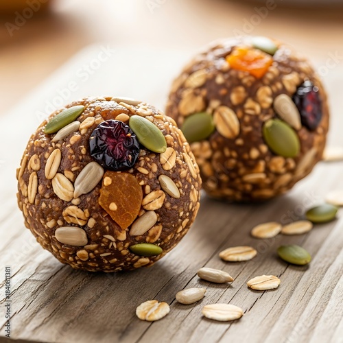 Two nutritious energy balls, studded with seeds, dried fruits, and oats, rest attractively on a weathered wooden surface.